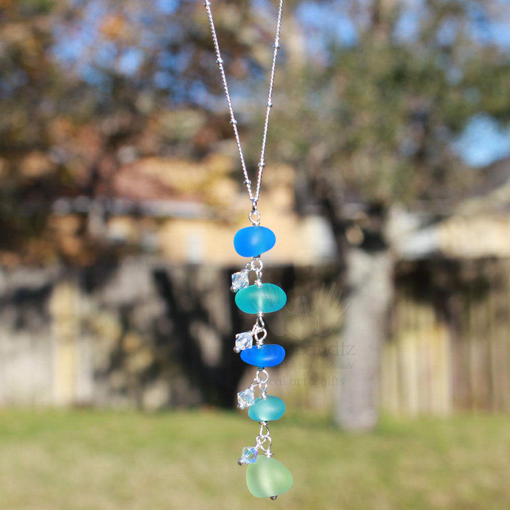 Sea Glass Cobalt Beach Blue Light Green Gradient Sterling Necklace