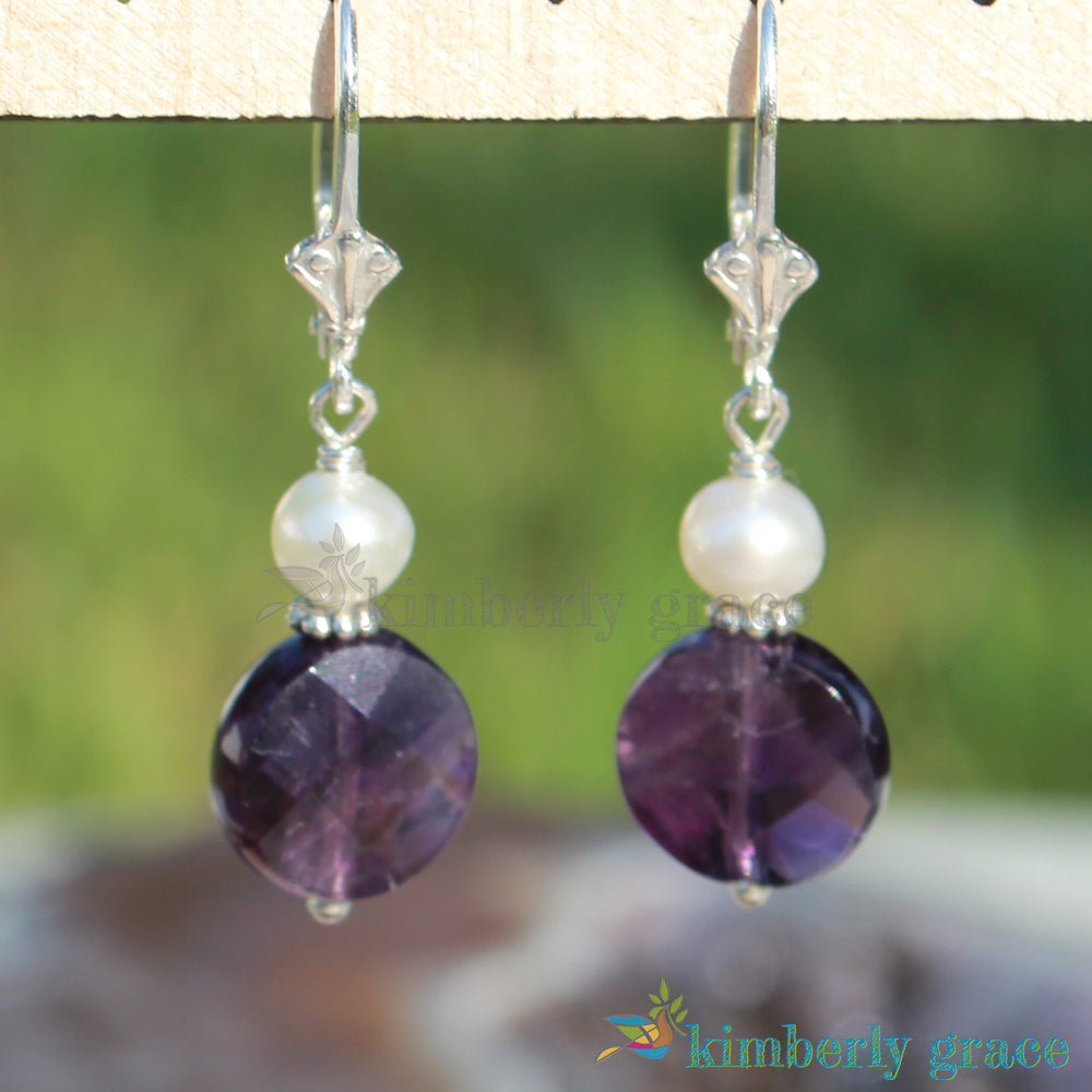 Amethyst and Pearl Earrings Sterling Leverback