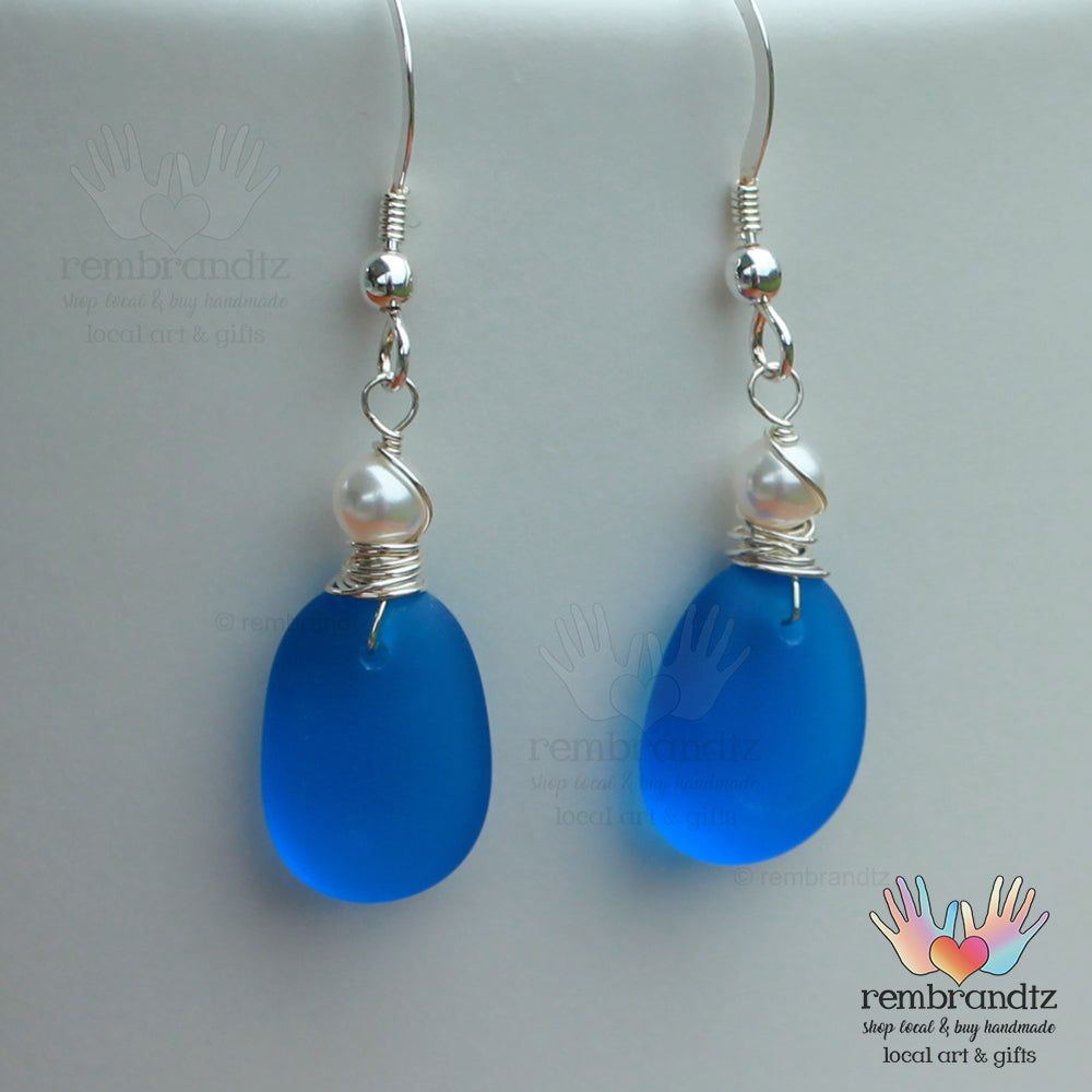 Cobalt Blue Sea Glass Earrings Sterling