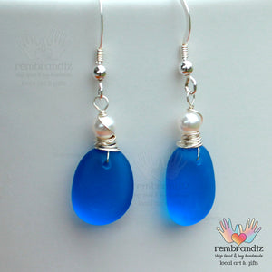 Cobalt Blue Sea Glass Earrings Sterling
