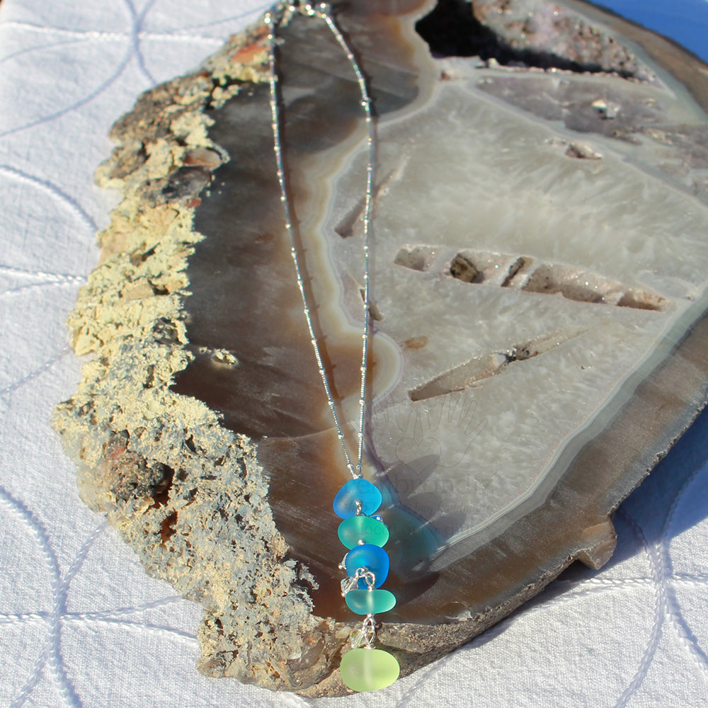 Sea Glass Cobalt Beach Blue Light Green Gradient Sterling Necklace
