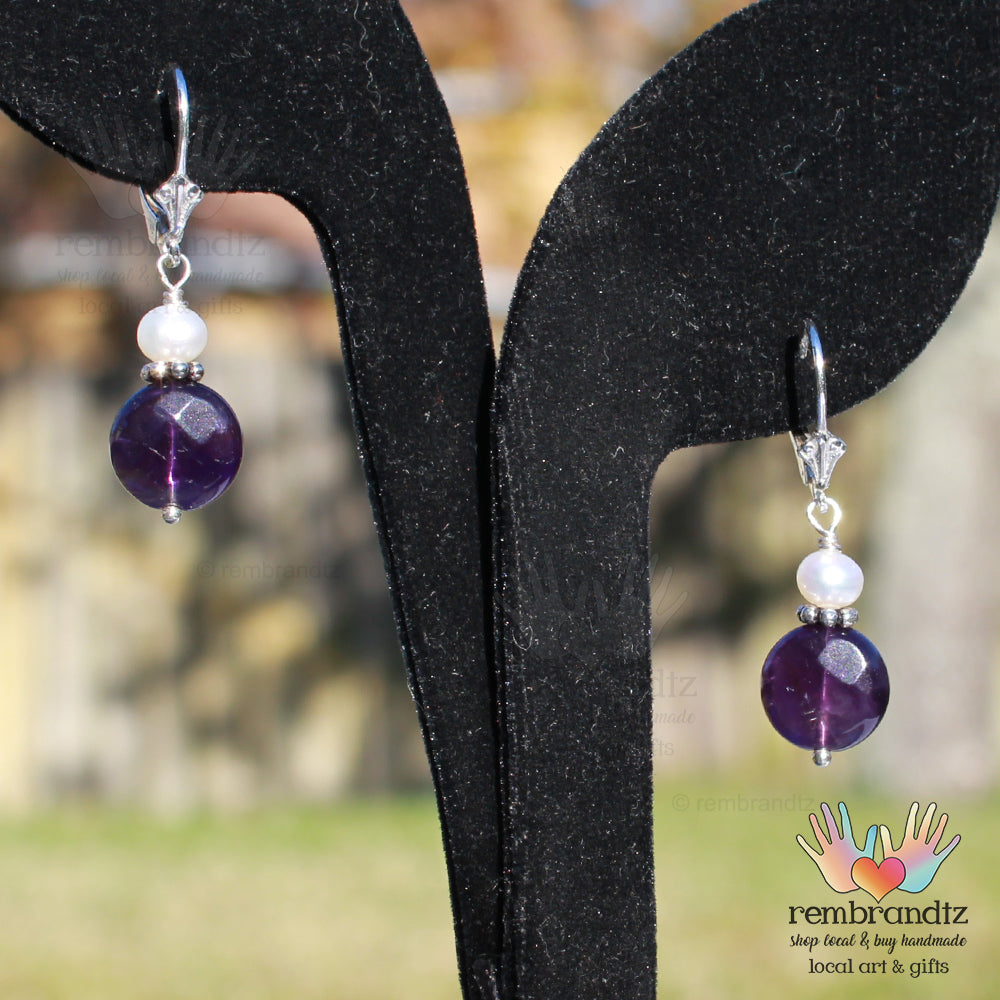 Amethyst and Pearl Earrings Sterling Leverback
