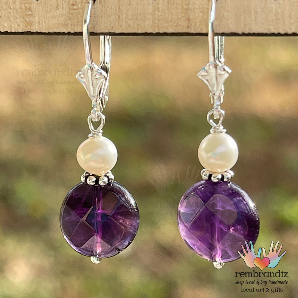 Amethyst and Pearl Earrings Sterling Leverback