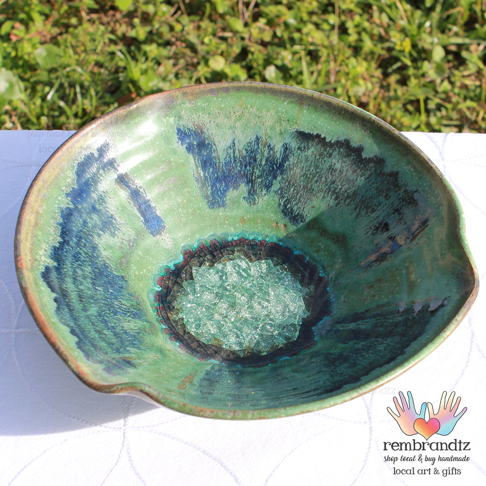 Glass Infused Pottery Bowl Green and Blue