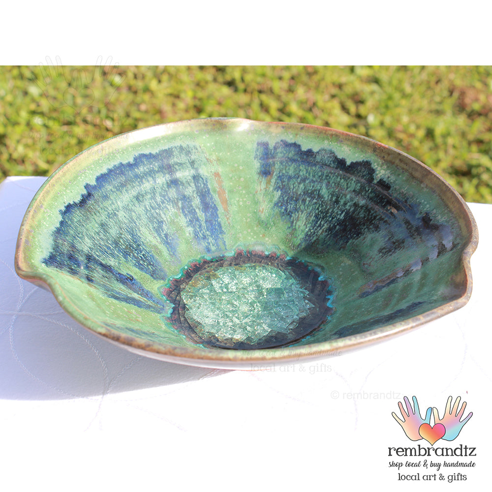 Glass Infused Pottery Bowl Green and Blue