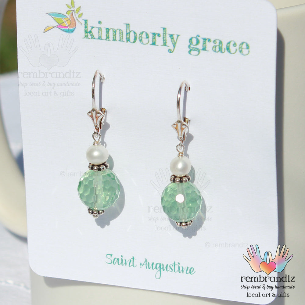 Pearl and Green Flourite Earrings Sterling Leverback