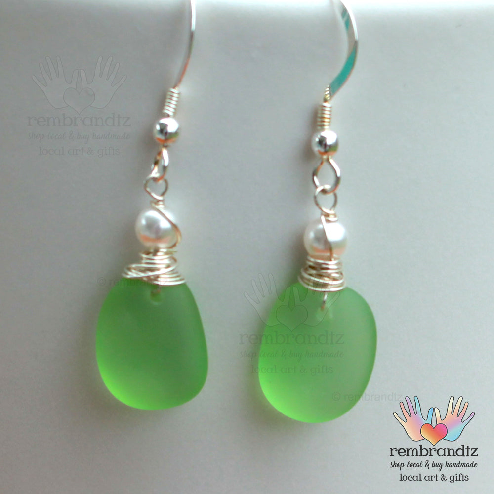 Green Sea Glass Sterling Earrings