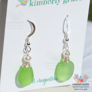 Green Sea Glass Lever Back Sterling Earrings