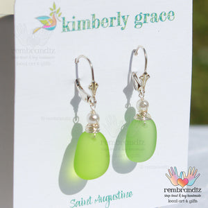 Green Sea Glass Lever Back Sterling Earrings