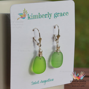 Green Sea Glass Lever Back Sterling Earrings