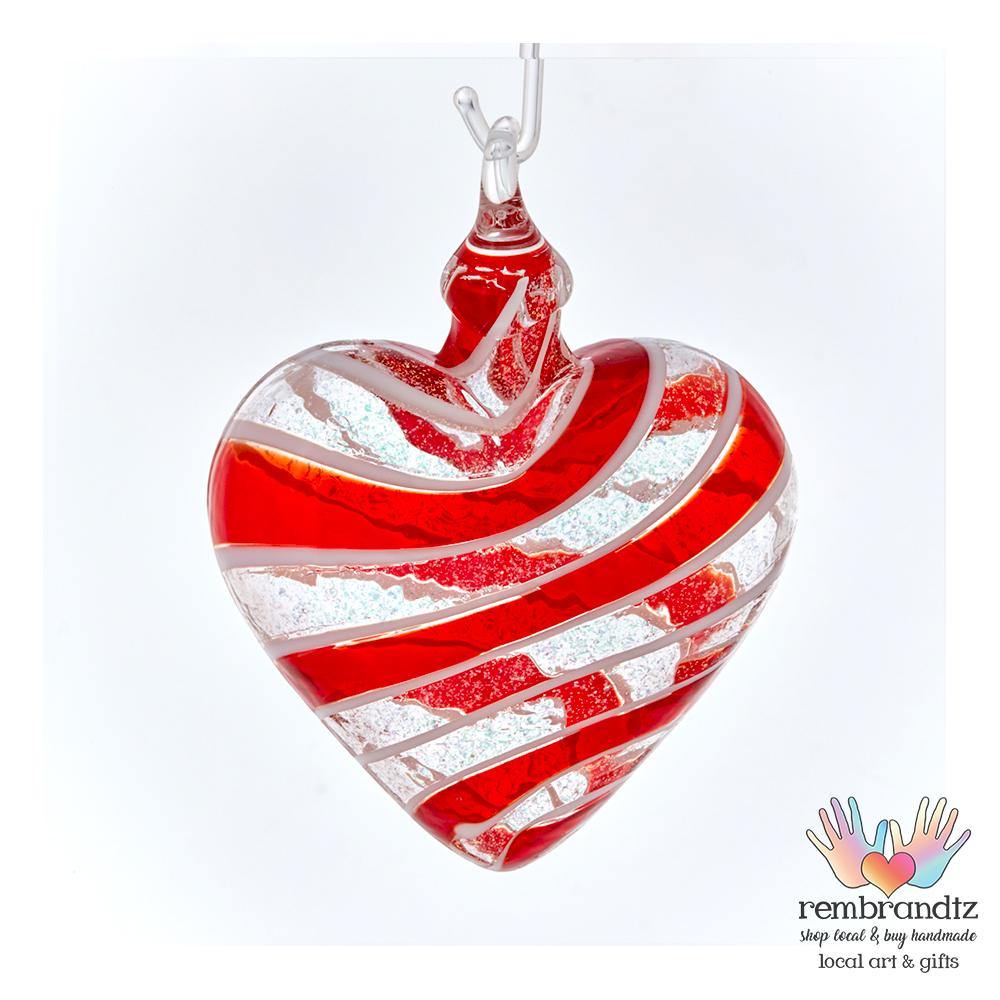 Red and White Hand Blown Glass Heart - Rembrandtz