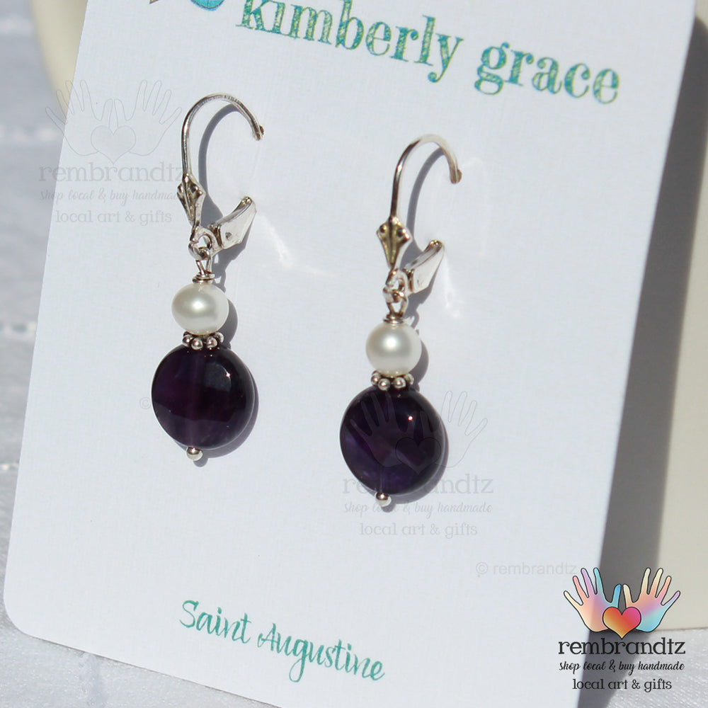 Amethyst and Pearl Earrings Sterling Leverback