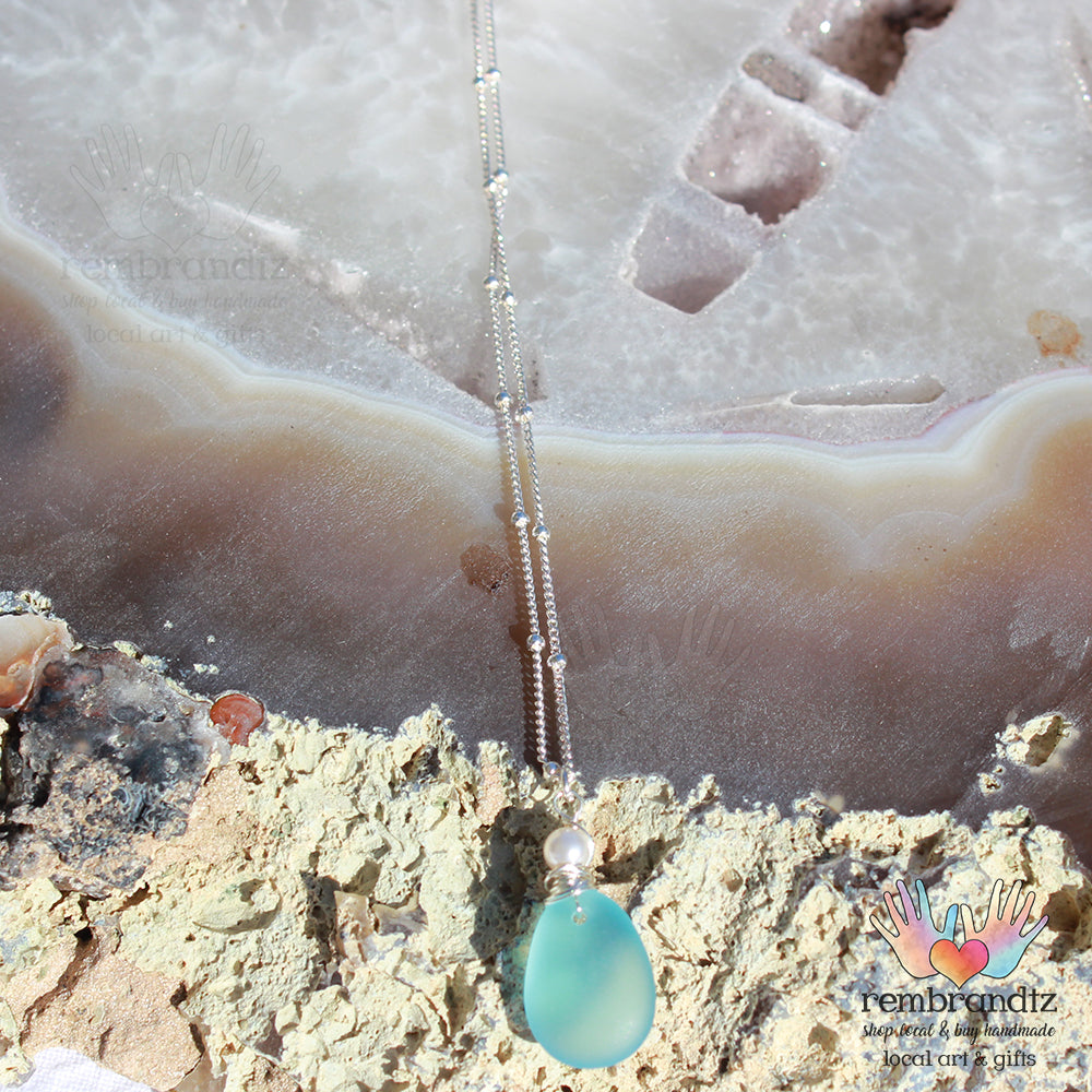 Mediterranean Blue Sea Glass Sterling Necklace