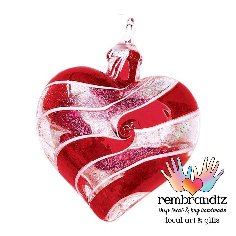 Red and White Hand Blown Glass Heart - Rembrandtz