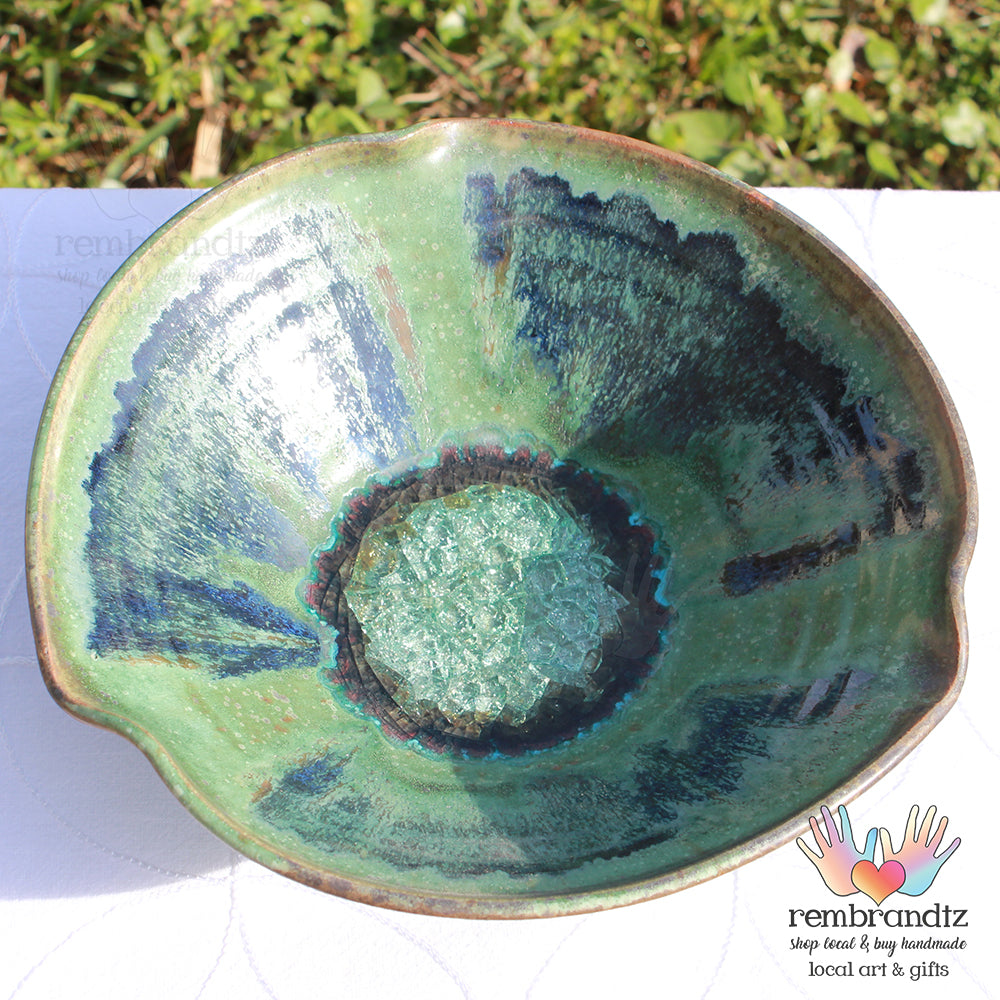 Glass Infused Pottery Bowl Green and Blue