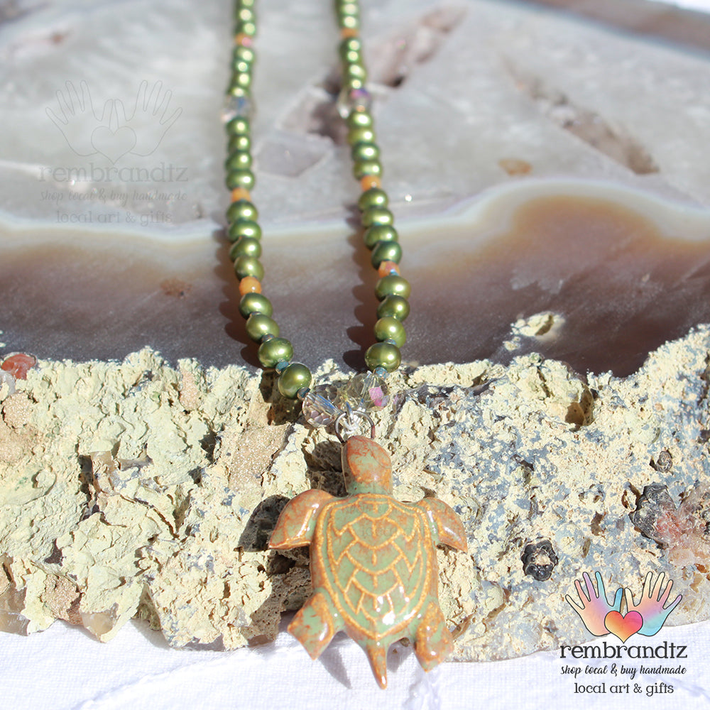 Green Pearl Sea Turtle Mala Necklace